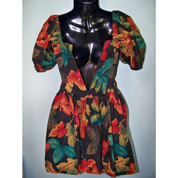 Girls Autumn Leaves Dress Falling Fall Leaf Print Vintage 80s - Picture 6 of 8